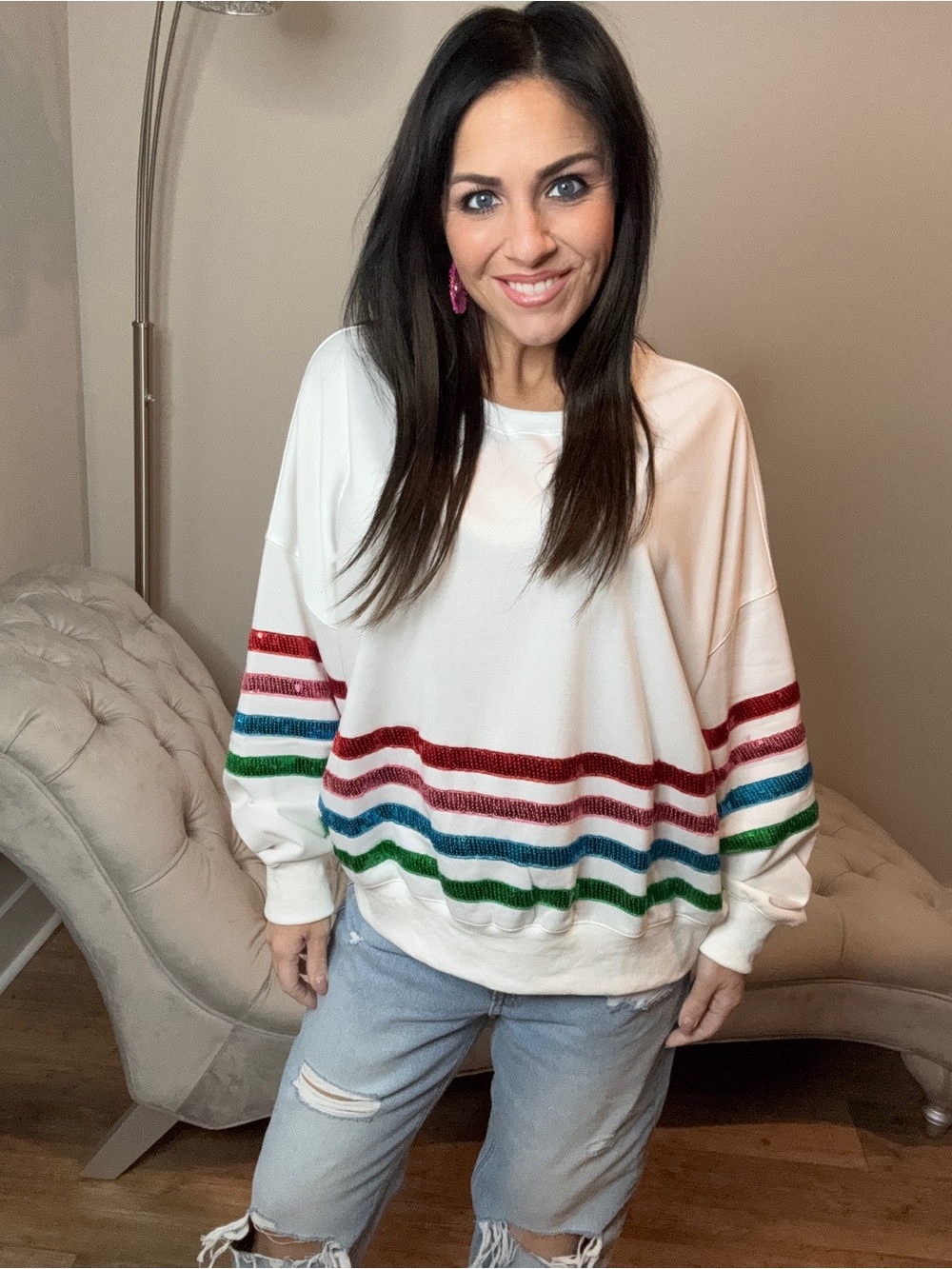 XXL White Pullover Sweatshirt with Red, Pink, Teal & Green Stripes